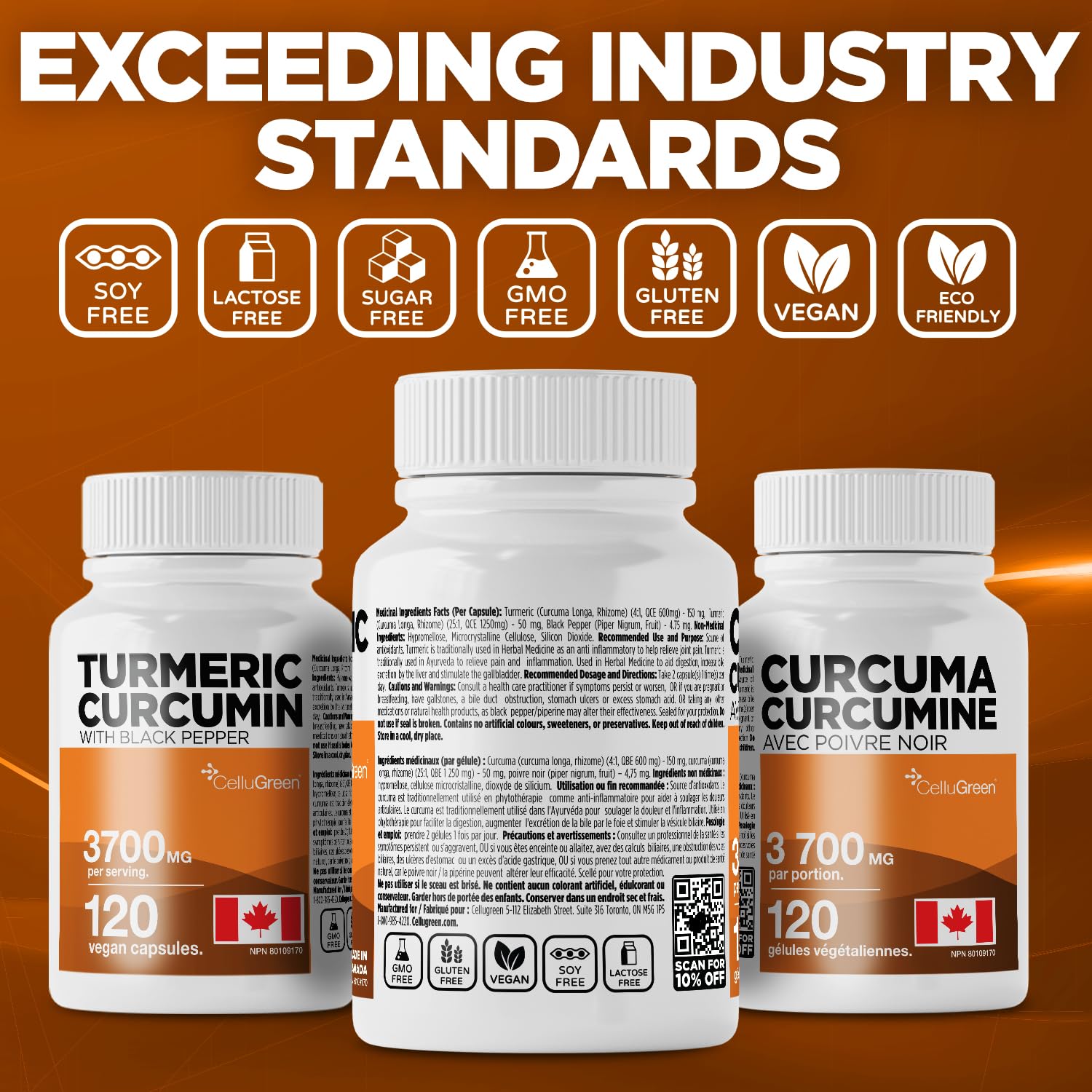 CelluGreen Turmeric Curcumin 3,700mg with Black Pepper Extract — 95% Curcuminoids for Joint Pain Relief & Anti-Inflammatory Support | Curcuma Longa | Non-GMO, Gluten-Free, Made in Canada | 120 Capsules 🍁 All In One Marketplace Canada