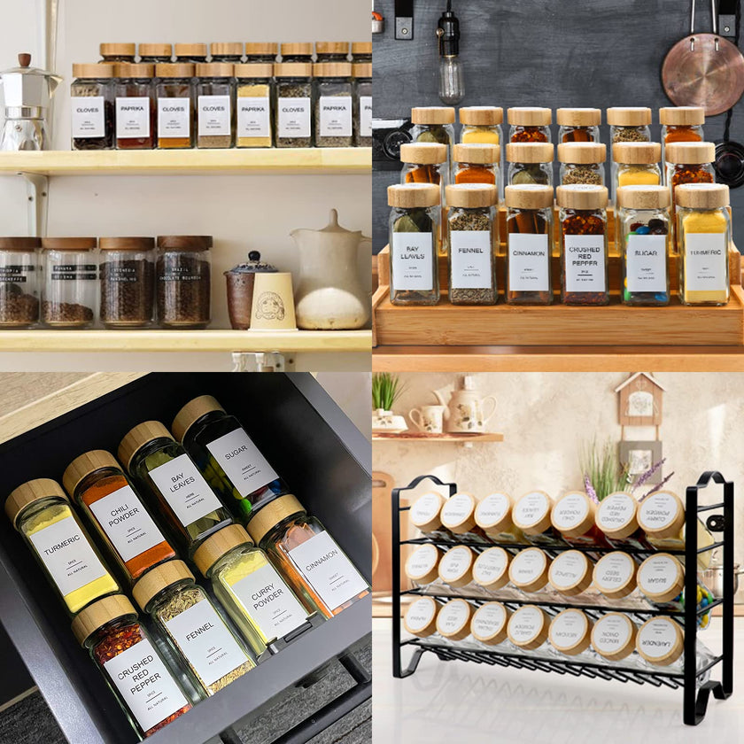 AISIPRIN 24 Pcs Glass Spice Jars with Bamboo Airtight Lids and 398 Labels, 4oz Empty Square Containers Seasoning Storage Bottles - Shaker Lids, Funnel, Brush and Marker Included 🍁 All In One Marketplace Canada