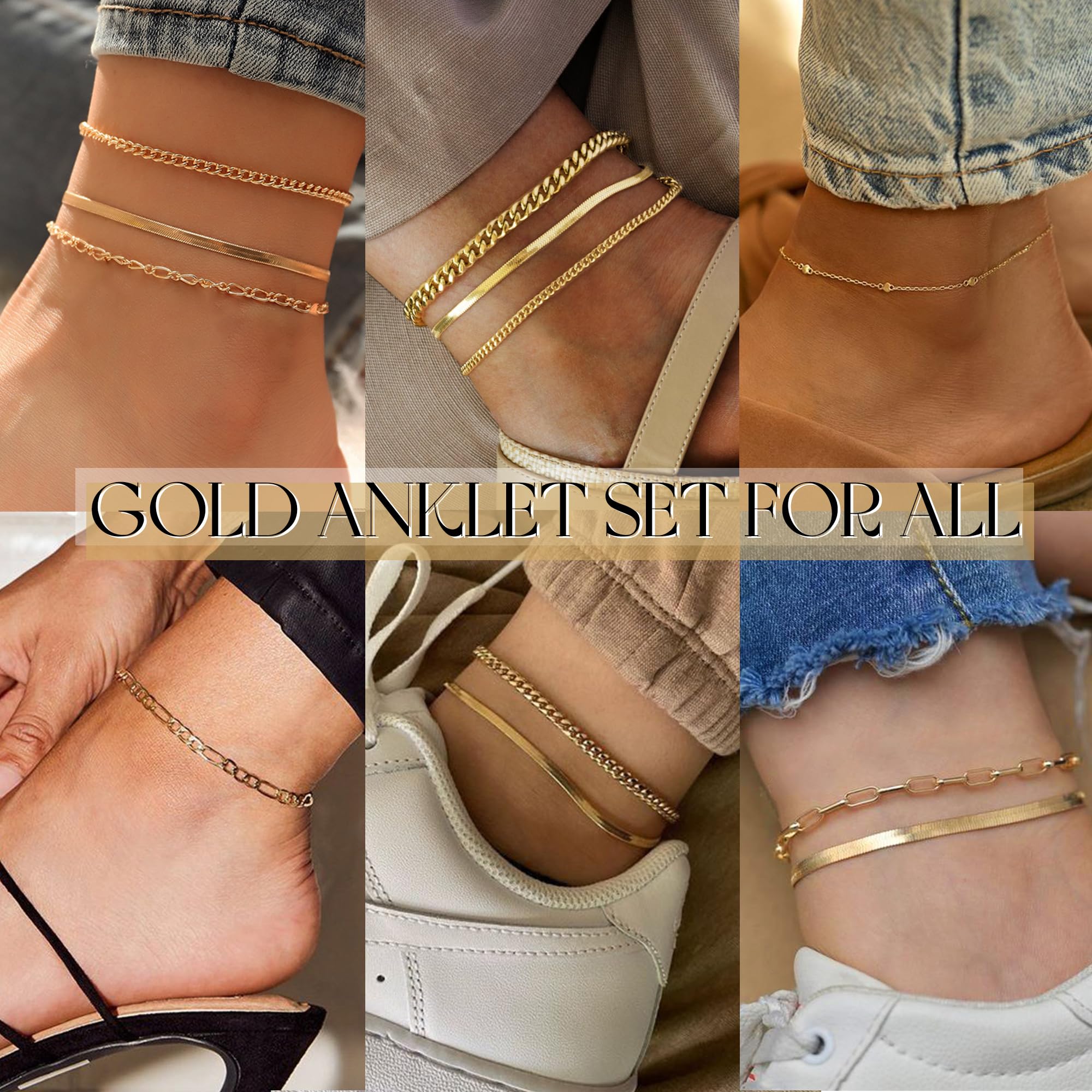 Gold Ankle Bracelets for Women, 14k Gold Plated Waterproof Cuban Link Chain Anklets Set, Layered Anklet Bracelets for Women Beach Gift Adjustable Size 5pc (GOLD-1) 🍁 All In One Marketplace Canada