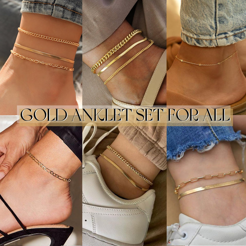 Gold Ankle Bracelets for Women, 14k Gold Plated Waterproof Cuban Link Chain Anklets Set, Layered Anklet Bracelets for Women Beach Gift Adjustable Size 5pc (GOLD-1) 🍁 All In One Marketplace Canada
