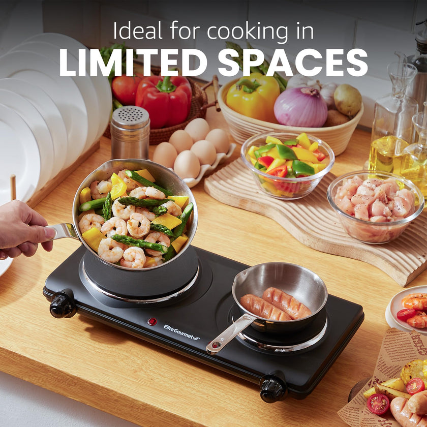 Elite Gourmet EDB-302BF# Countertop Double Cast Iron Burner, 1500 Watts Electric Hot Plate, Temperature Controls, Power Indicator Lights, Easy to Clean, Black 🍁 All In One Marketplace Canada