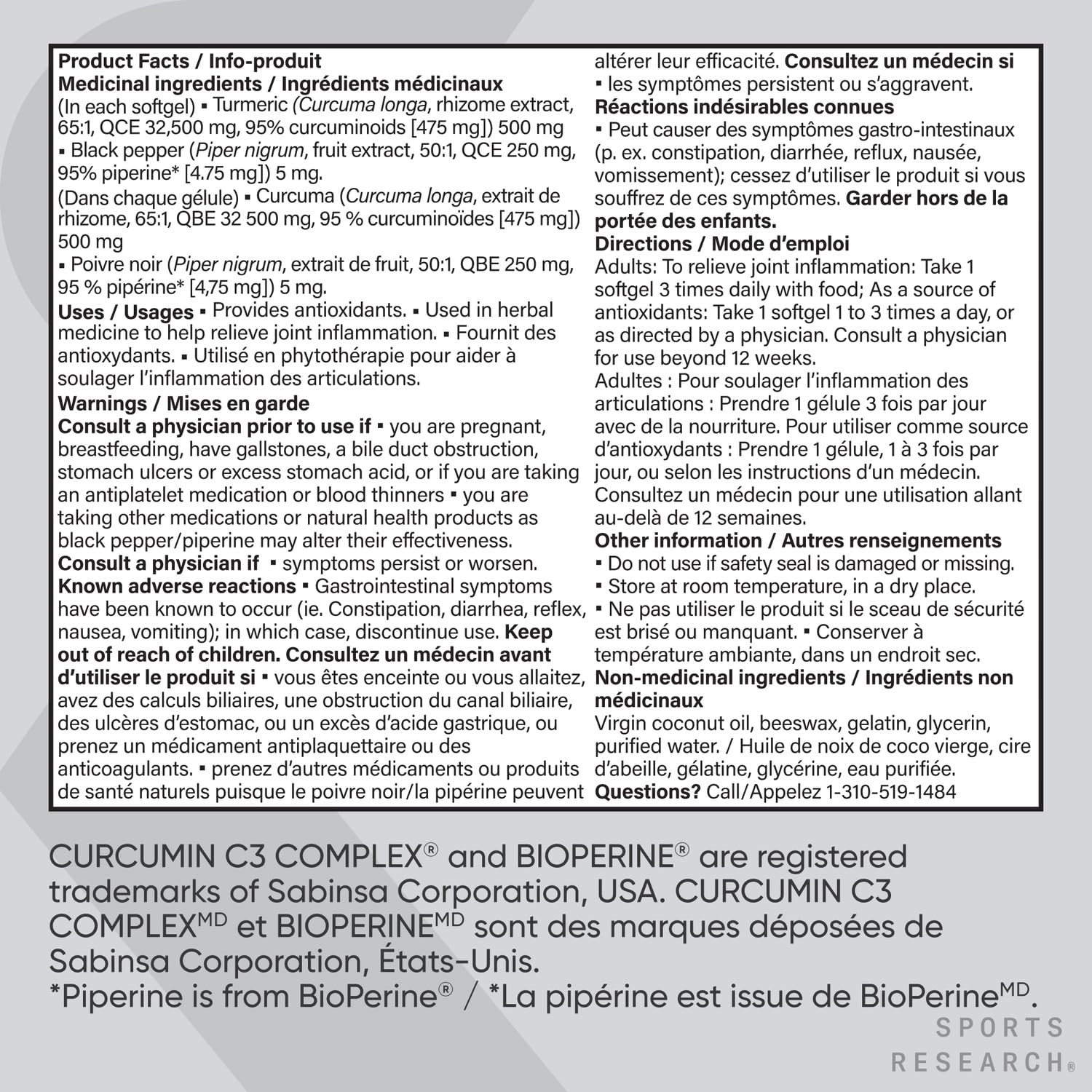 Sports Research® Turmeric Curcumin C3® Complex 500mg, Enhanced with Black Pepper & Organic Coconut Oil for Better Absorption; Non-GMO, Gluten Free & Third-Party Tested - 120 Liquid Softgels 🍁 All In One Marketplace Canada