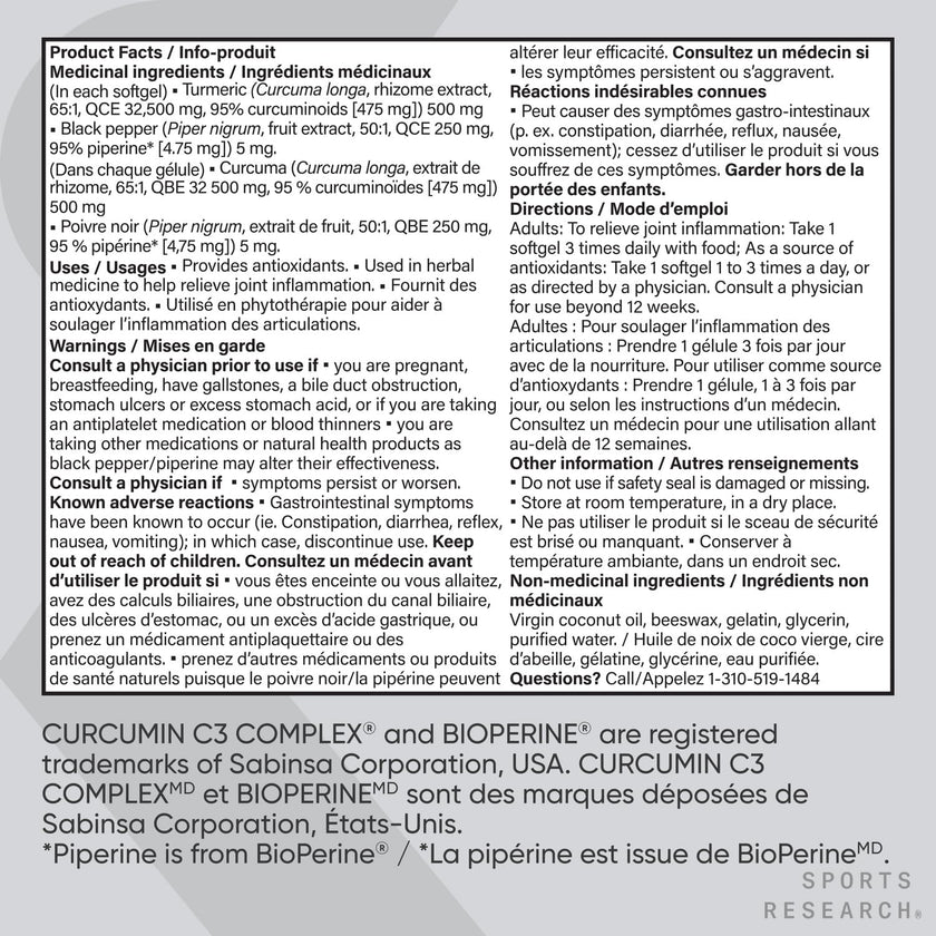 Sports Research® Turmeric Curcumin C3® Complex 500mg, Enhanced with Black Pepper & Organic Coconut Oil for Better Absorption; Non-GMO, Gluten Free & Third-Party Tested - 120 Liquid Softgels 🍁 All In One Marketplace Canada