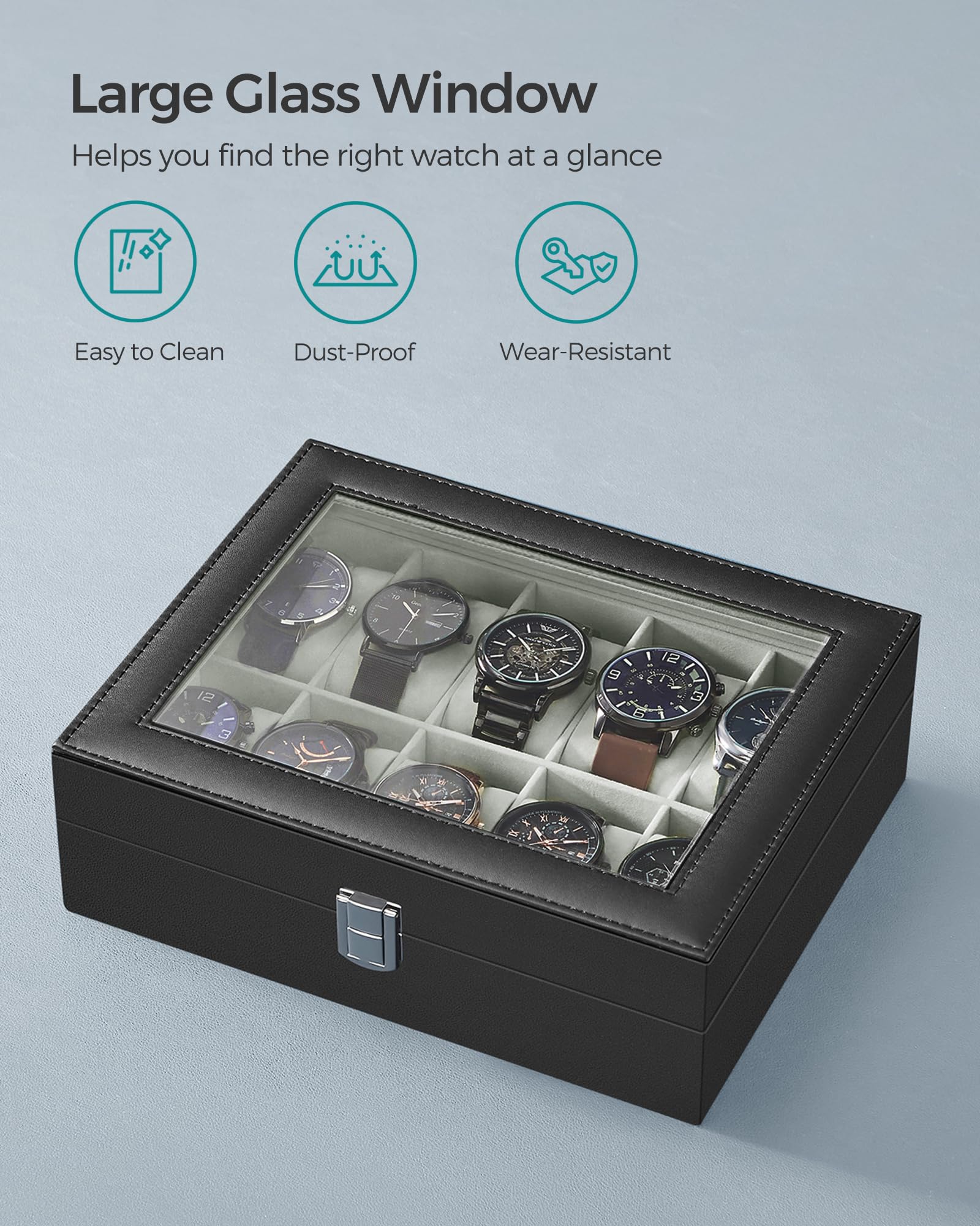 SONGMICS Watch Box, 10-Slot Watch Case Organizer with Large Glass Lid, Removable Pillows, Gift for Loved Ones, Black Synthetic Leather, Gray Lining UJWB010BK 🍁 All In One Marketplace Canada