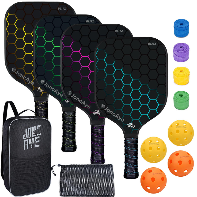 JoncAye Pickleball Paddles Set of 4 Rackets and Balls with Paddle Case, Lead Tape, Ball Bag, Carbon Fiber Pickle-Ball Raquette for Beginner | USAPA Approved Pickleball Equipment with Accessories 🍁 All In One Marketplace Canada