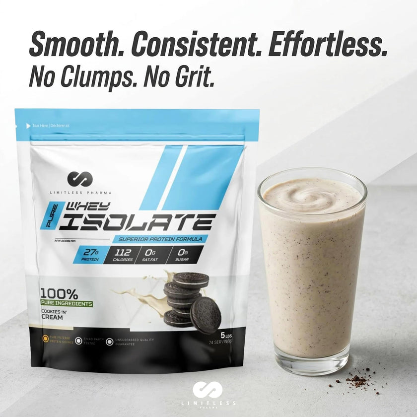 Limitless Pharma Pure Whey Isolate | High Protein Whey Isolate Powder | 27g Protein, 6g BCAAs, Sugar Free, Gluten Free, Low Carb, Low Lactose | 30 Servings, 2LB (Vanilla) 🍁 All In One Marketplace Canada