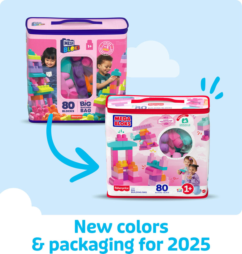 MEGA BLOKS First Builders Toddler Blocks Toys Set, Big Building Bag Collection with 80 Pieces and Storage, Pink, Ages 1+ Years 🍁 All In One Marketplace Canada