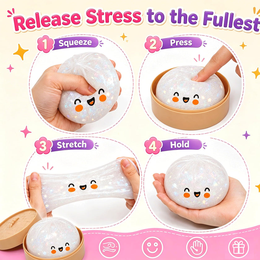 Glitter Dumpling Squishy, Colorful Mystery Dumpling Squishy Surprise Stress Relief, Cute Soft Squeeze Decompression Dough with Steamer (1pcs-White) 🍁 All In One Marketplace Canada