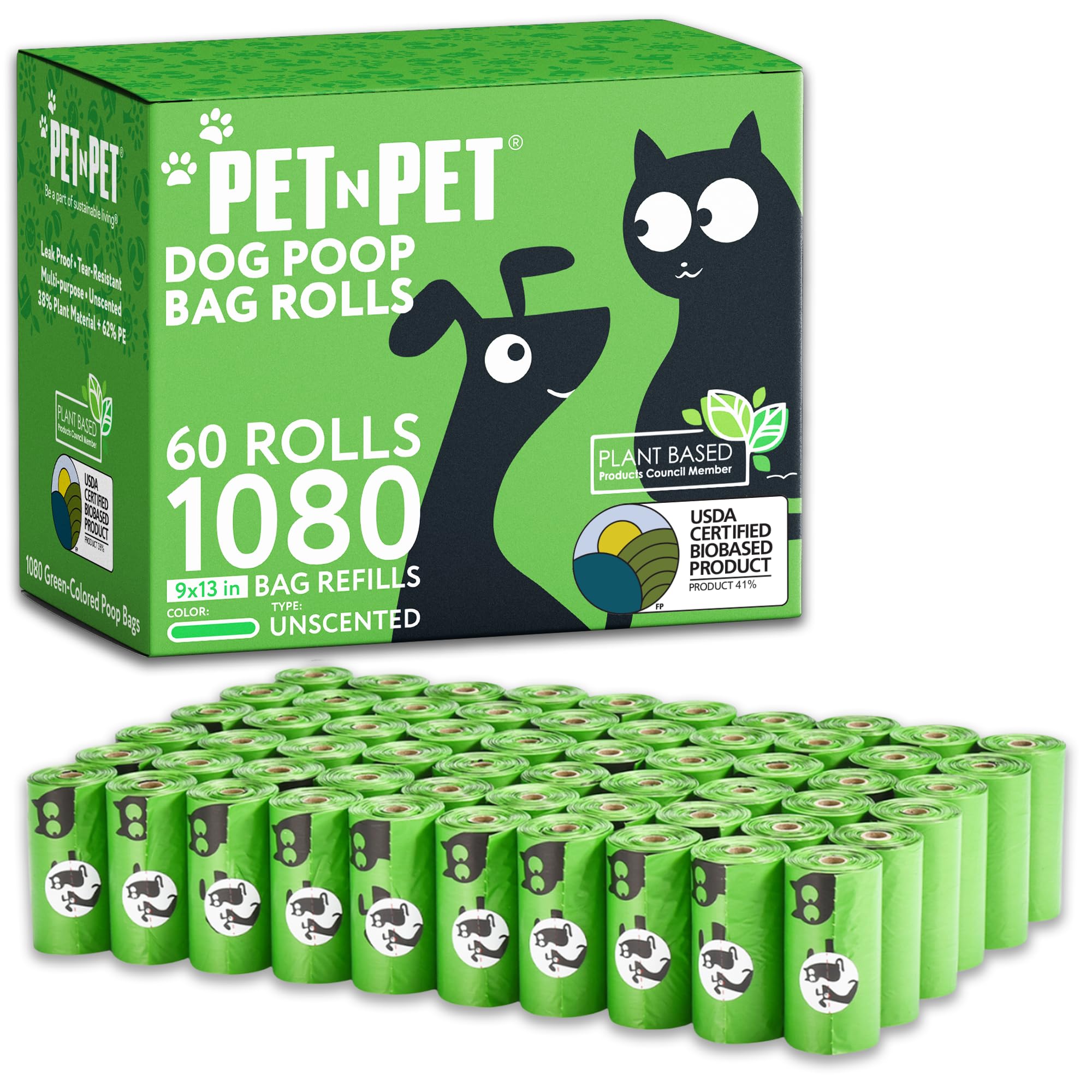 Pet N Pet Dog Poop Bags - USDA Certified 41% Plant-Based Doggy Poop Bags - Leak-Proof Sac Caca Chien Refill Rolls (1080 Count, Unscented, Green) 🍁 All In One Marketplace Canada