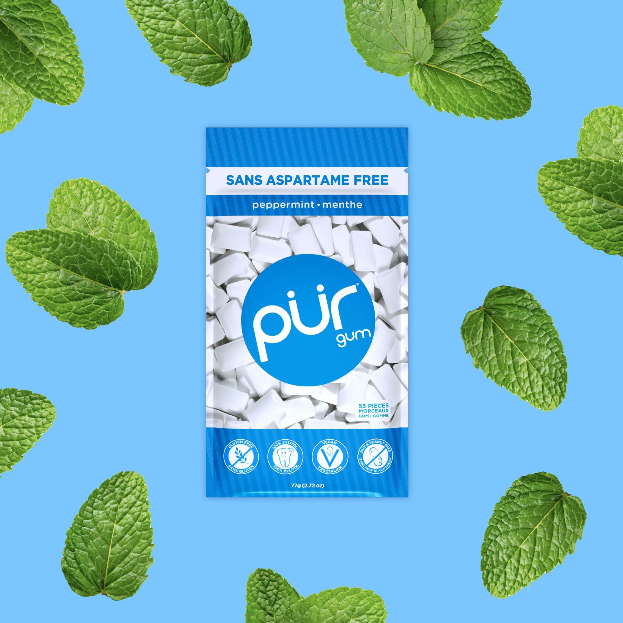 PUR Gum | Aspartame Free Chewing Gum | 100% Xylitol | Natural Peppermint Flavoured Gum, 55 Pieces (Pack of 6) 🍁 All In One Marketplace Canada