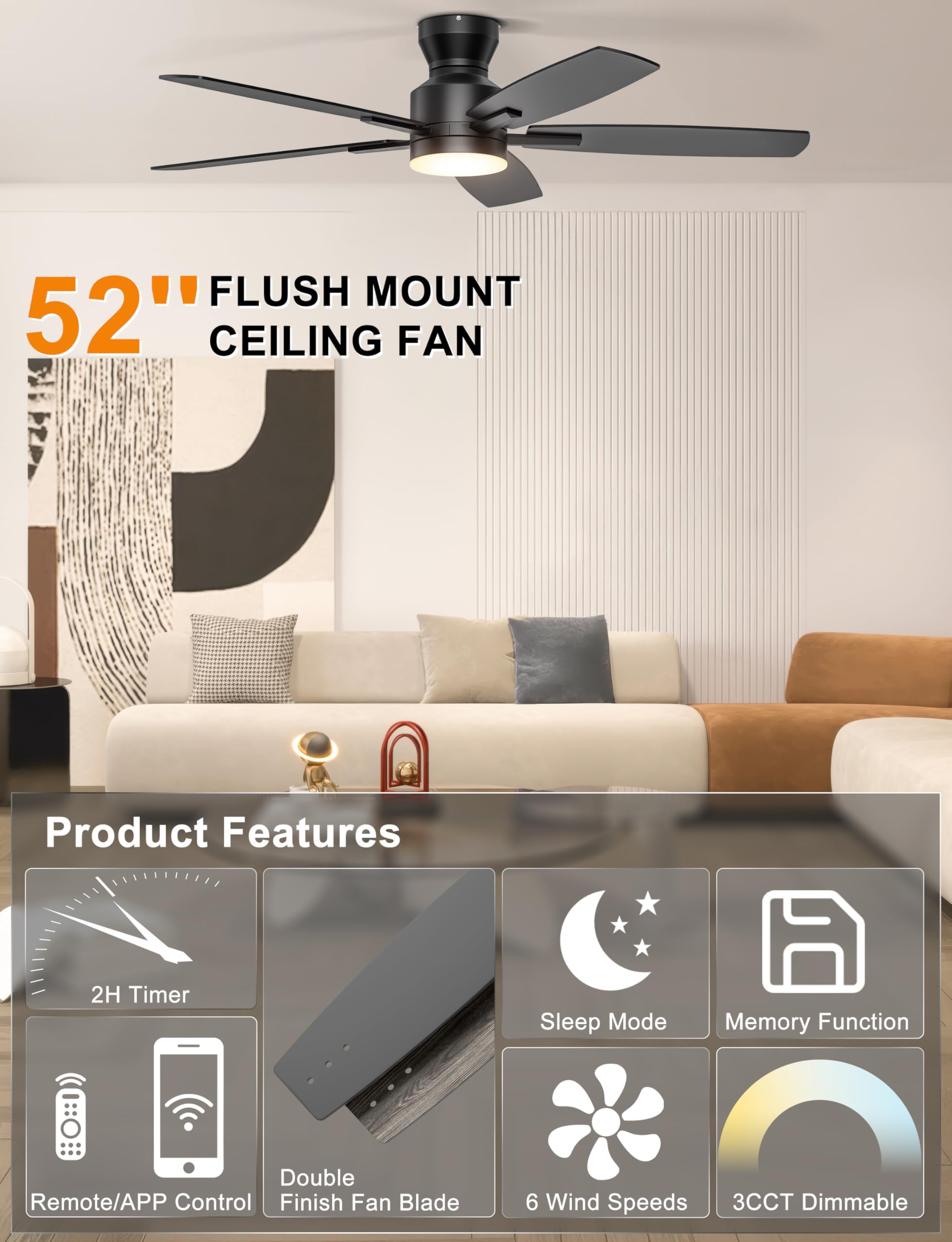 Ohniyou 52'' Ceiling Fan with Lights: Smart Fan with remote & APP Control - Low Profile Ceiling Fan with Quiet Performance - Flush Mount Outdoor Ceiling Fan (Black) 🍁 All In One Marketplace Canada