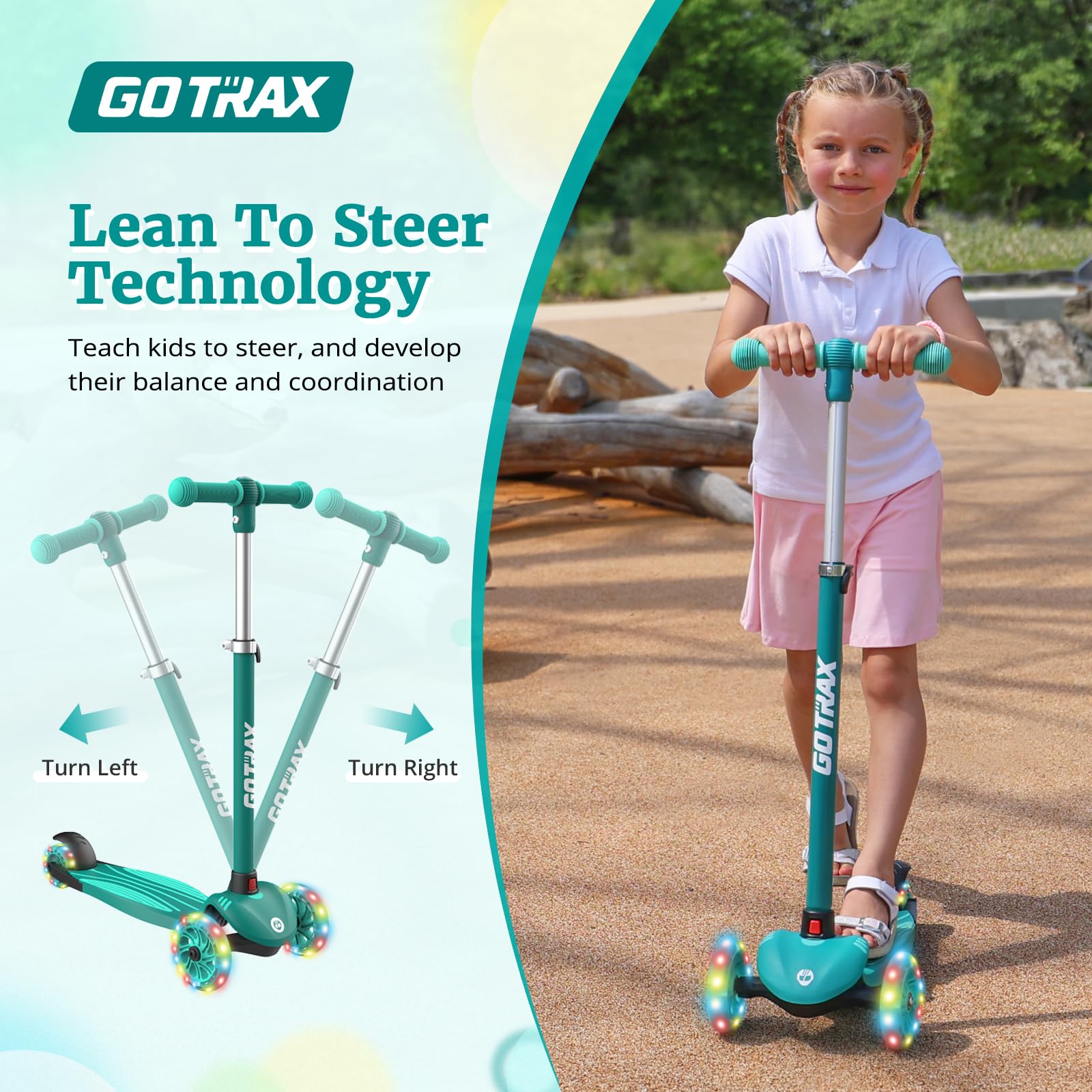 Gotrax KS1 Kids Kick Scooter, LED Lighted Wheels and 3 Adjustable Height Handlebars, Lean-to-Steer & Widen Anti-Slip Deck, 3 Wheel Scooter for Boys & Girls Ages 3+ and up to 100 Lbs (Green) 🍁 All In One Marketplace Canada