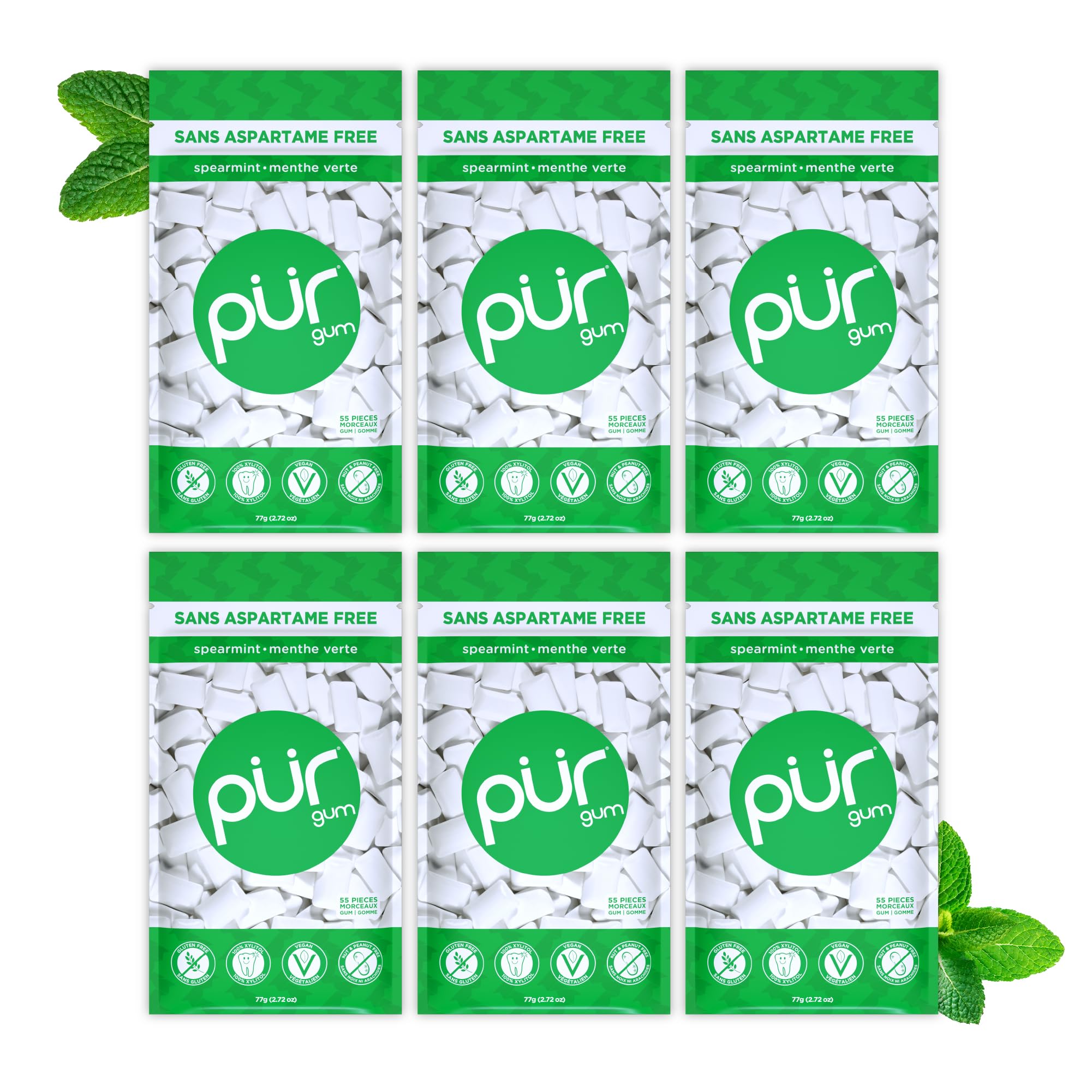 PUR Gum | Aspartame Free Chewing Gum | 100% Xylitol | Natural Spearmint Flavoured Gum, 55 Pieces (Pack of 6) 🍁 All In One Marketplace Canada