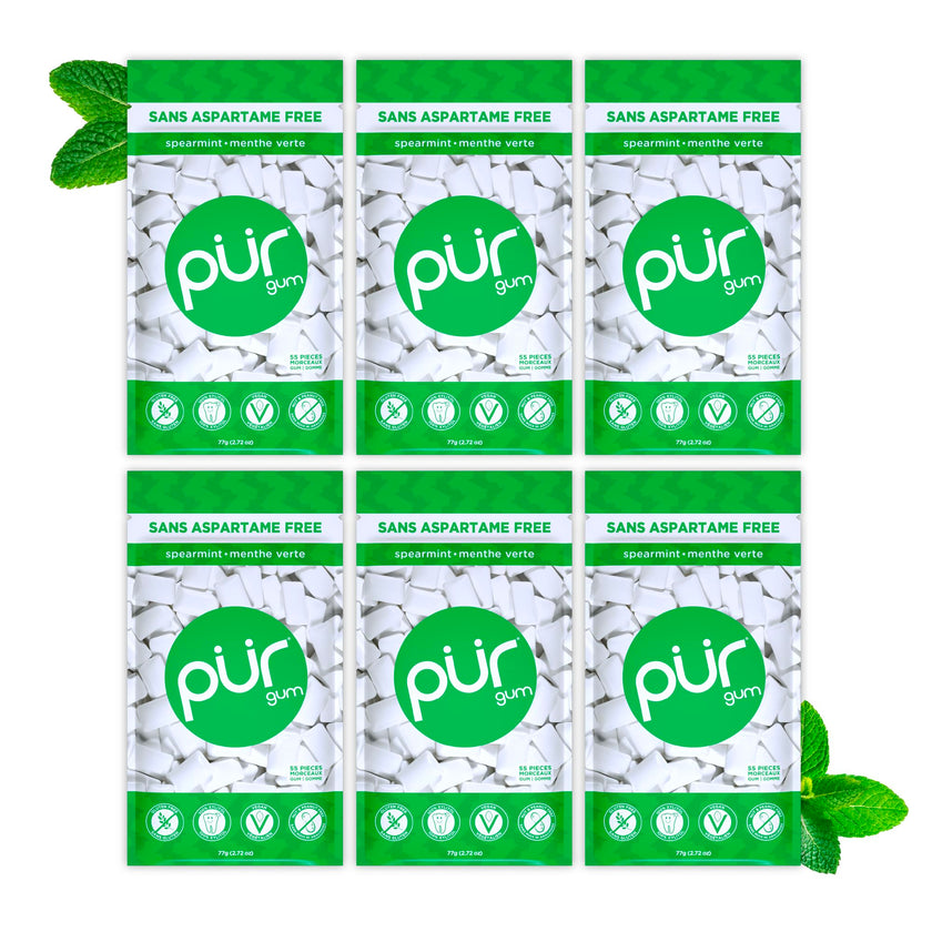 PUR Gum | Aspartame Free Chewing Gum | 100% Xylitol | Natural Spearmint Flavoured Gum, 55 Pieces (Pack of 6) 🍁 All In One Marketplace Canada