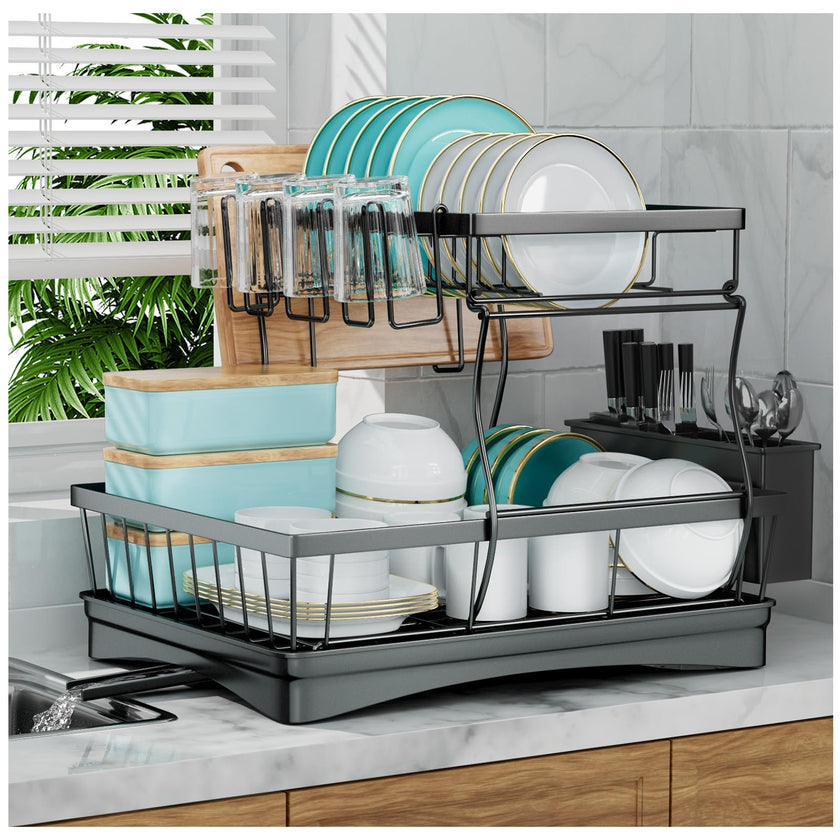 7 code Large Dish Drying Rack for Kitchen Counter,Detachable Large Capacity Dish Drainer Organizer with Utensil Holder,2-Tier Dish Drying Rack with Drain Board,Black 🍁 All In One Marketplace Canada