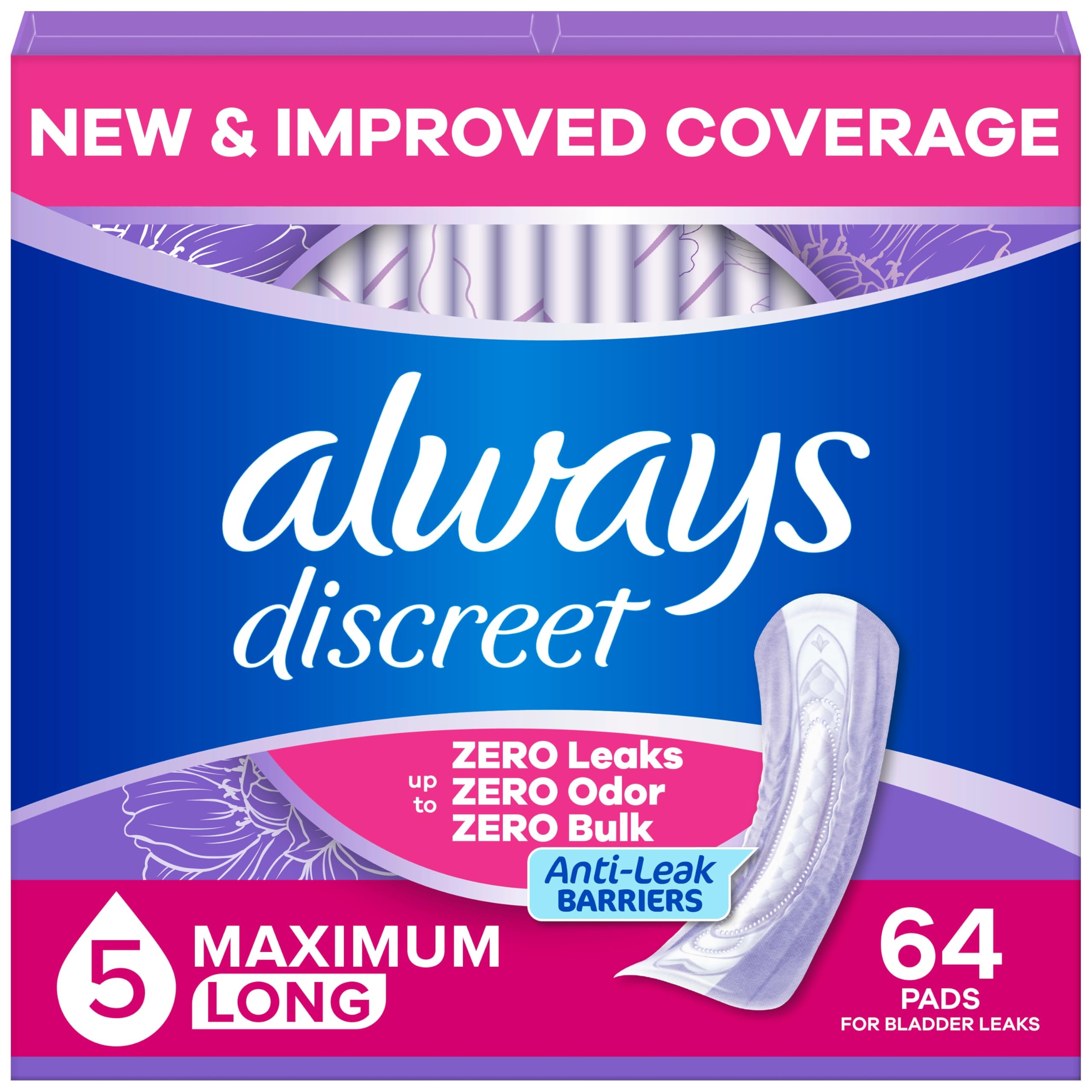 Always Discreet Adult Incontinence Pads for Women, Maximum Absorbency, Long Length, Postpartum Pads, 64 Count 🍁 All In One Marketplace Canada