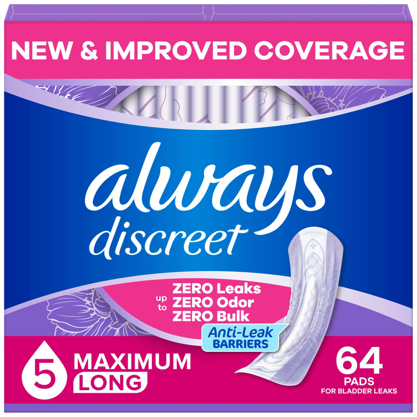 Always Discreet Adult Incontinence Pads for Women, Maximum Absorbency, Long Length, Postpartum Pads, 64 Count 🍁 All In One Marketplace Canada