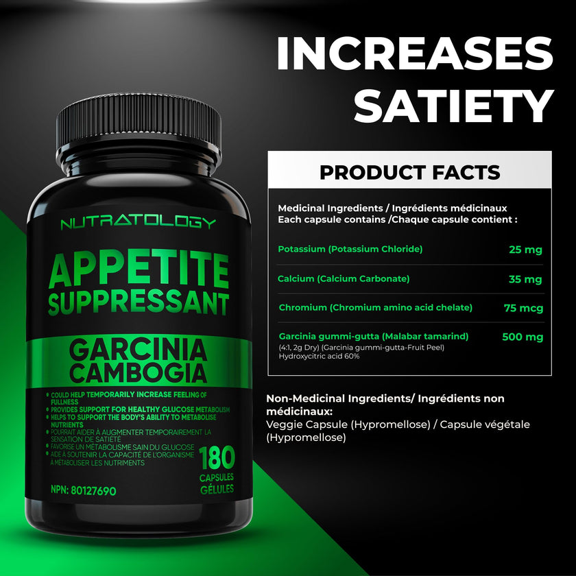 Nutratology® Garcinia Cambogia Appetite Suppressant Weight Loss For Women & Men | Canadian-Made | 500 MG Per Capsule | 60% HCA - Increase Feelings of Fullness & Maintain Blood Sugar Levels - 180 Count 🍁 All In One Marketplace Canada
