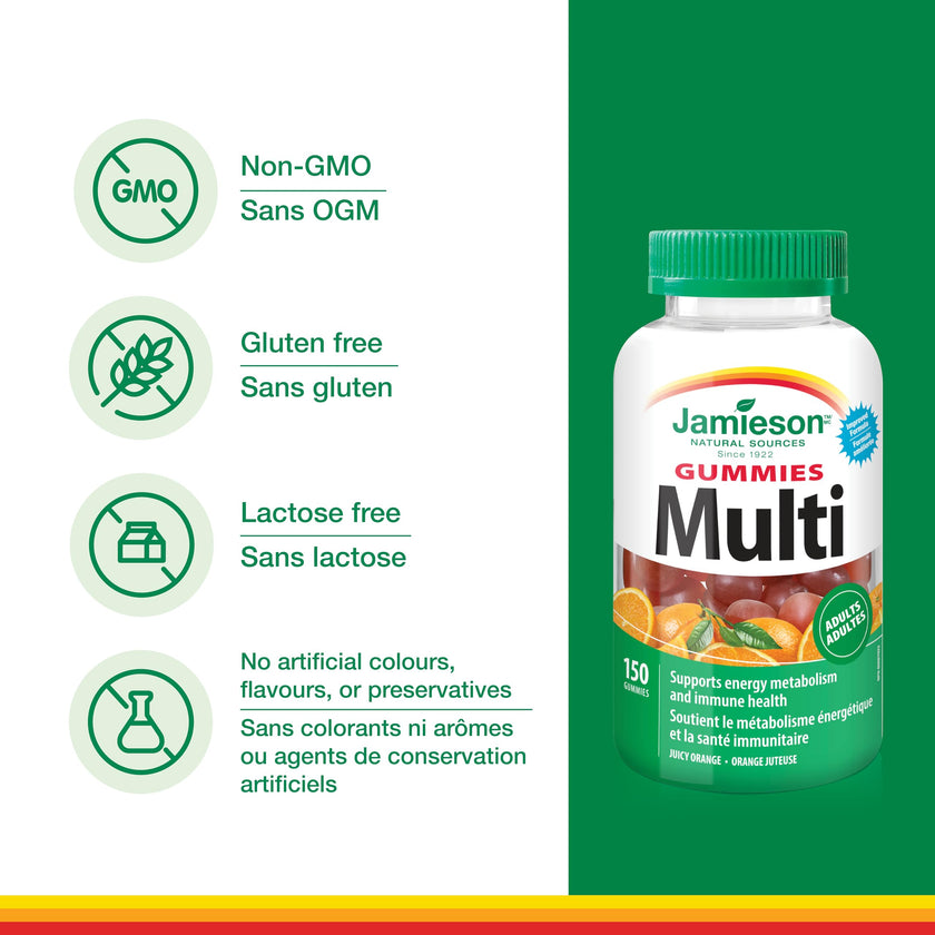 Jamieson Multivitamin Gummies for Adults Juicy Orange Flavour, Supports Immunity, Energy and Overall Health. With Zinc, Vitamin D3, and Biotin, Vegetarian, Non-GMO, No Gluten, Artificial Colours, Flavours or Preservatives, 150 Count