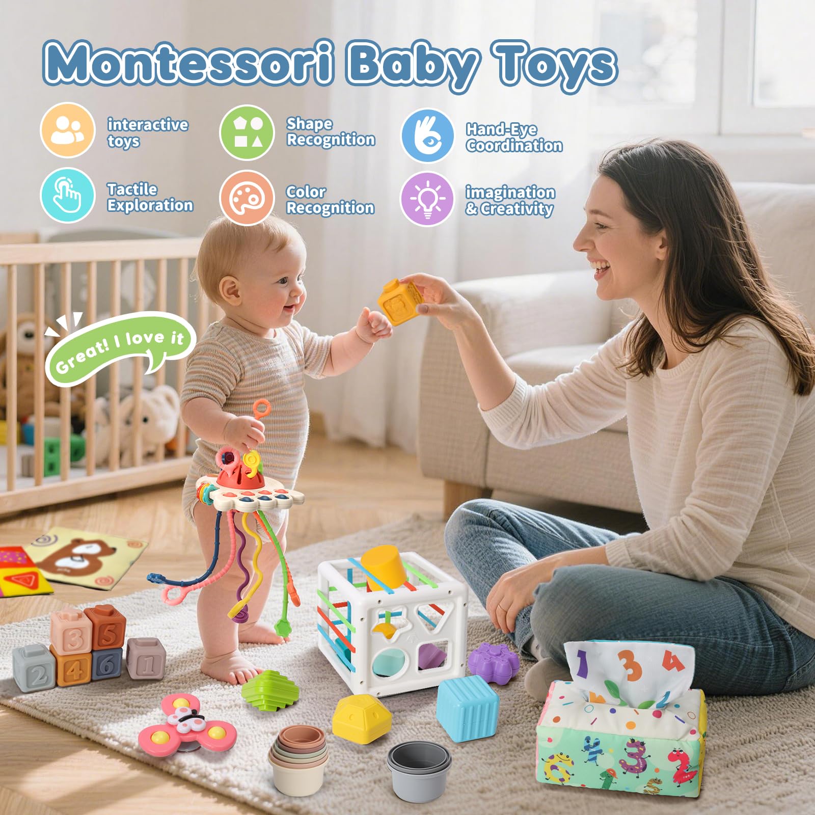 6 in 1 Baby Montessori Toys for 6-12 Months, Montessori Toys for Babies Incl Pull String Toy, Stacking Cups, Tissue Box Toy, Suction Cup Spinner Toys, Stacking Blocks, Activity Cube Gift for Boy Girl 🍁 All In One Marketplace Canada