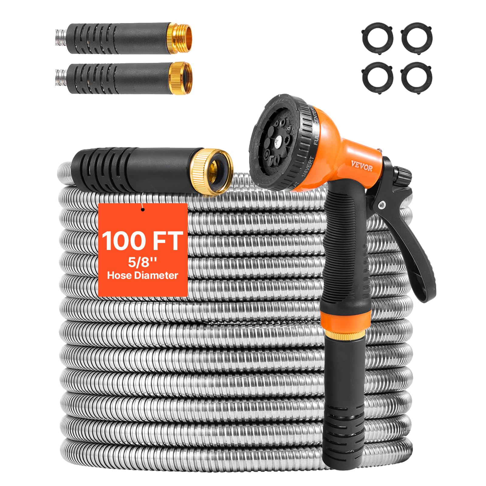 VEVOR Metal Garden Hose 100 ft, Rust Proof Stainless Steel Water Hose, Heavy Duty Backyard Hose with 10 Function Nozzle, No-Kink & Flexible Water Pipe, Lightweight Metal Hose for Yard, Outdoor 🍁 All In One Marketplace Canada
