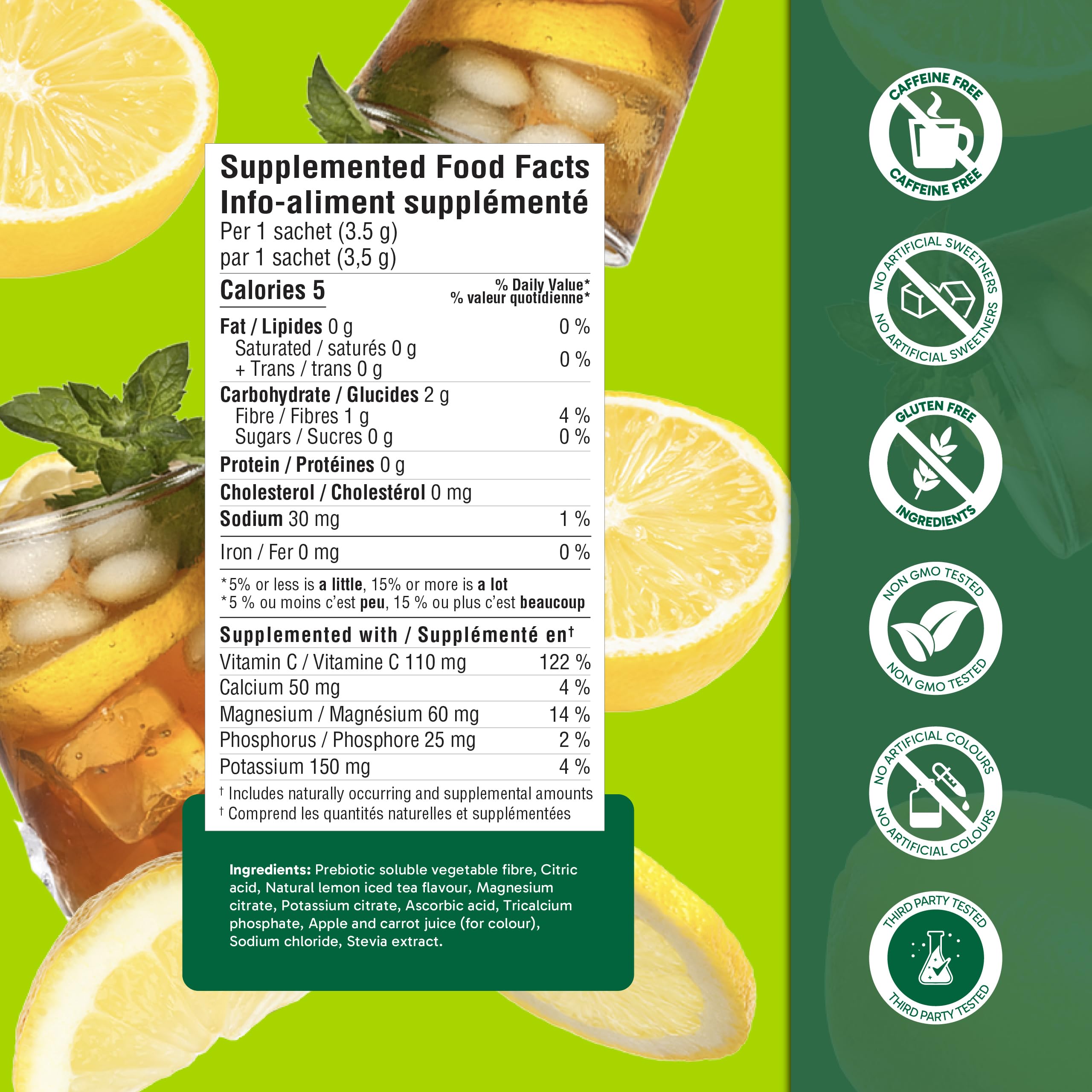 Organika Canadian-Made Electrolytes Powder with Vitamin C & Prebiotic Fibre - Sugar-Free Hydration Drink Mix - Lemon Iced Tea - 20 Single-Serve Sachets x 3.5g 🍁 All In One Marketplace Canada