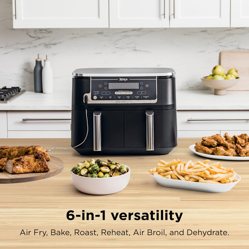 Ninja Foodi 10 QT 6-in-1 DualZone Smart XL Air Fryer, 2 Independent 5QT Baskets, Smart Cook Thermometer, Match Cook, Smart Finish, Air Fry, Roast, Bake, Dehydrate, Reheat, Grey, DZ550 🍁 All In One Marketplace Canada