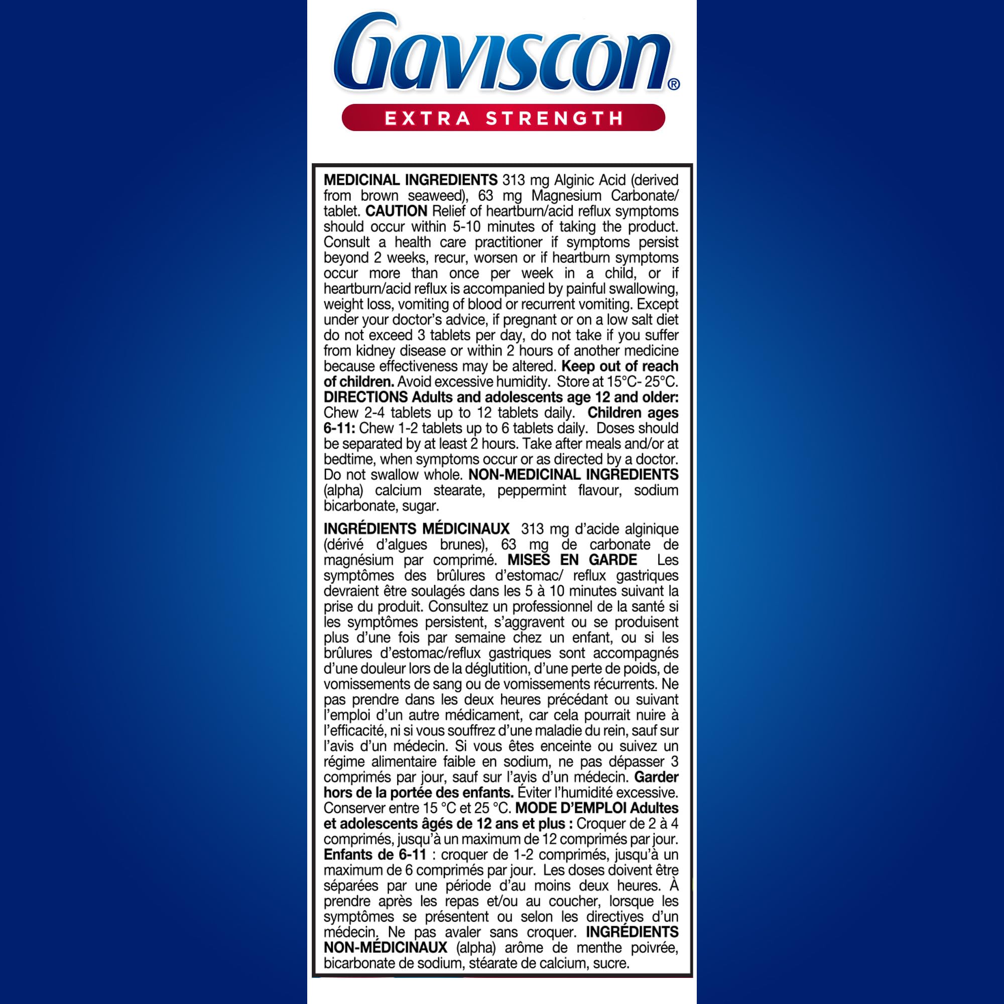 Gaviscon Extra Strength Tablets - 120 Count - Chewable Foaming Antacid Tablets for Day and Night Heartburn Relief, Acid Reflux and GERD Relief, Cooling & Refreshing Peppermint - Free of Aluminum 🍁 All In One Marketplace Canada