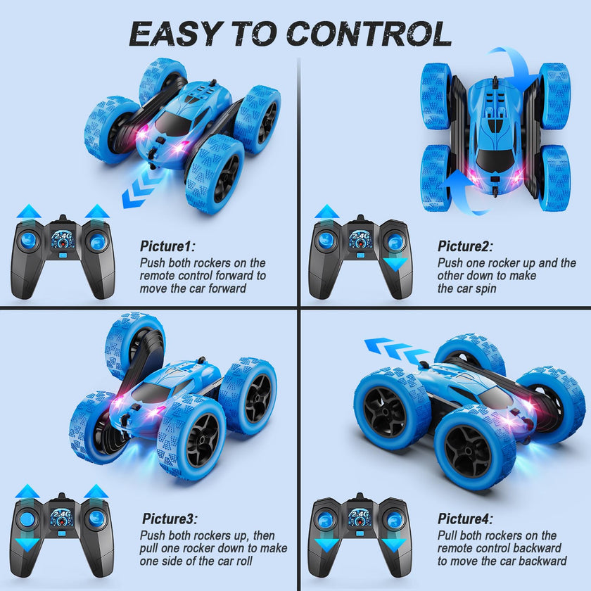 QUNREDA Remote Control Car for Kids Ages 6+, RC Cars Stunt Car Toy 4WD Double Sided 360° Rotating Remote Control with Headlights, Birthday Xmas Gifts for Boys 6 7 8 9 10 11 12 1-Blue 🍁 All In One Marketplace Canada