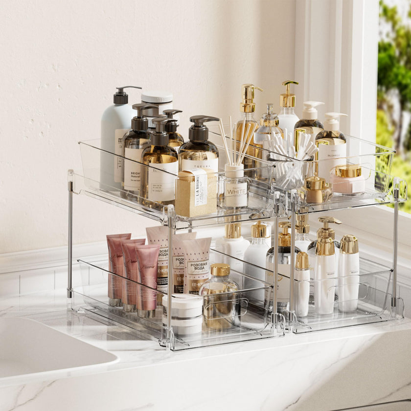 2 Tier Bathroom Organizer, Vtopmart 2 Pack Clear Under Sink Organizers Vanity Counter Storage Container, Medicine Cabinet Drawers Bins, Pull-Out Organization with Track for Pantry, Kitchen 🍁 All In One Marketplace Canada