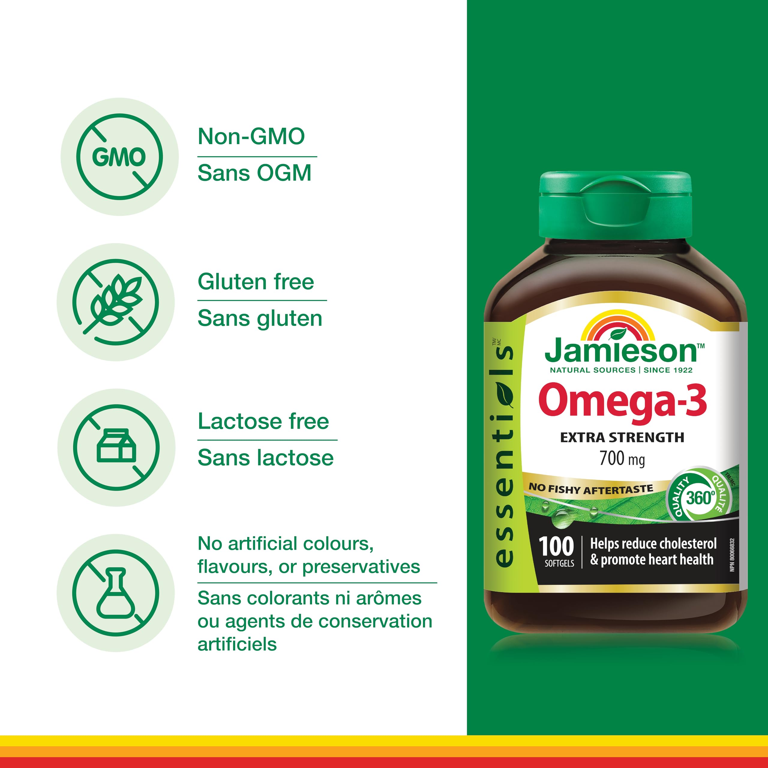 Jamieson Extra Strength Omega-3 700 mg, No Fishy Aftertaste, Supports Heart, Brain, and Eye Health, Arthritis Support. With EPA and DHA, Non-GMO, Gluten-Free, 100 Softgels, Proudly Canadian 🍁 All In One Marketplace Canada