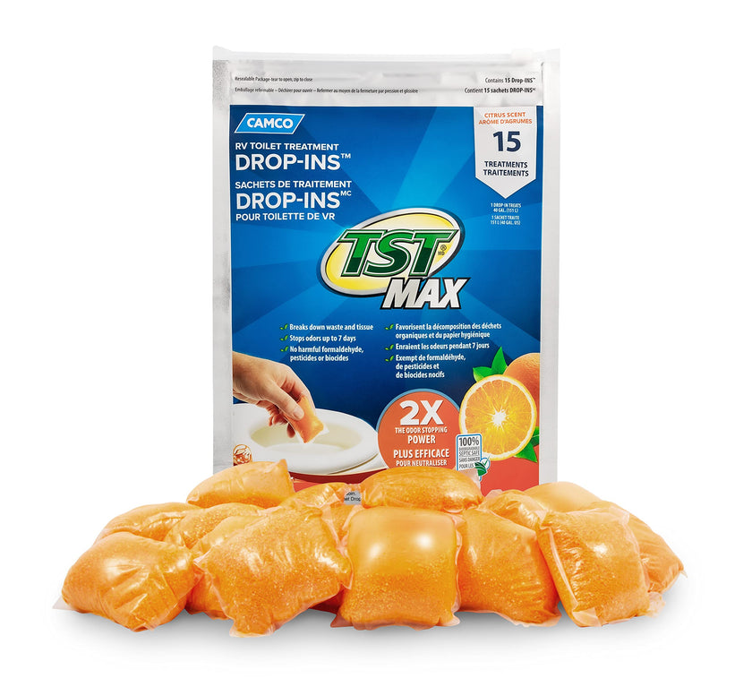 Camco TST MAX Camper/RV Toilet Treatment Drop-INs - Control Unwanted Odors and Break Down Waste and Tissue - Safe Septic Tank Treatment - Orange Scent, 15-Pack (41180) 🍁 All In One Marketplace Canada