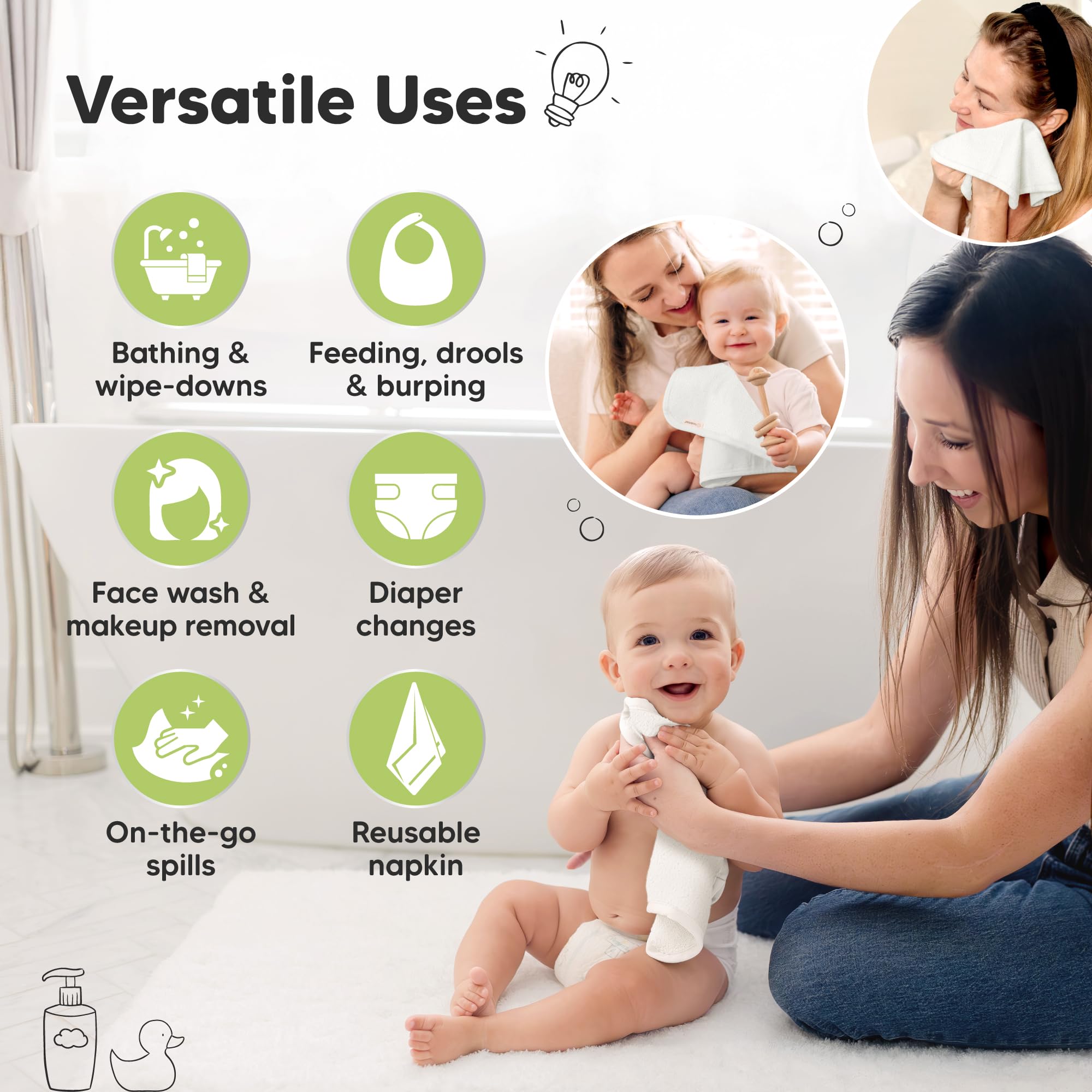 6-Pack Organic Baby Washcloths - Soft Viscose from Bamboo Washcloth, Baby Wash Cloths, Baby Wash Cloth for Newborn, Kids, Bath Baby Towels, Face Towel, Face Cloths (White) 🍁 All In One Marketplace Canada