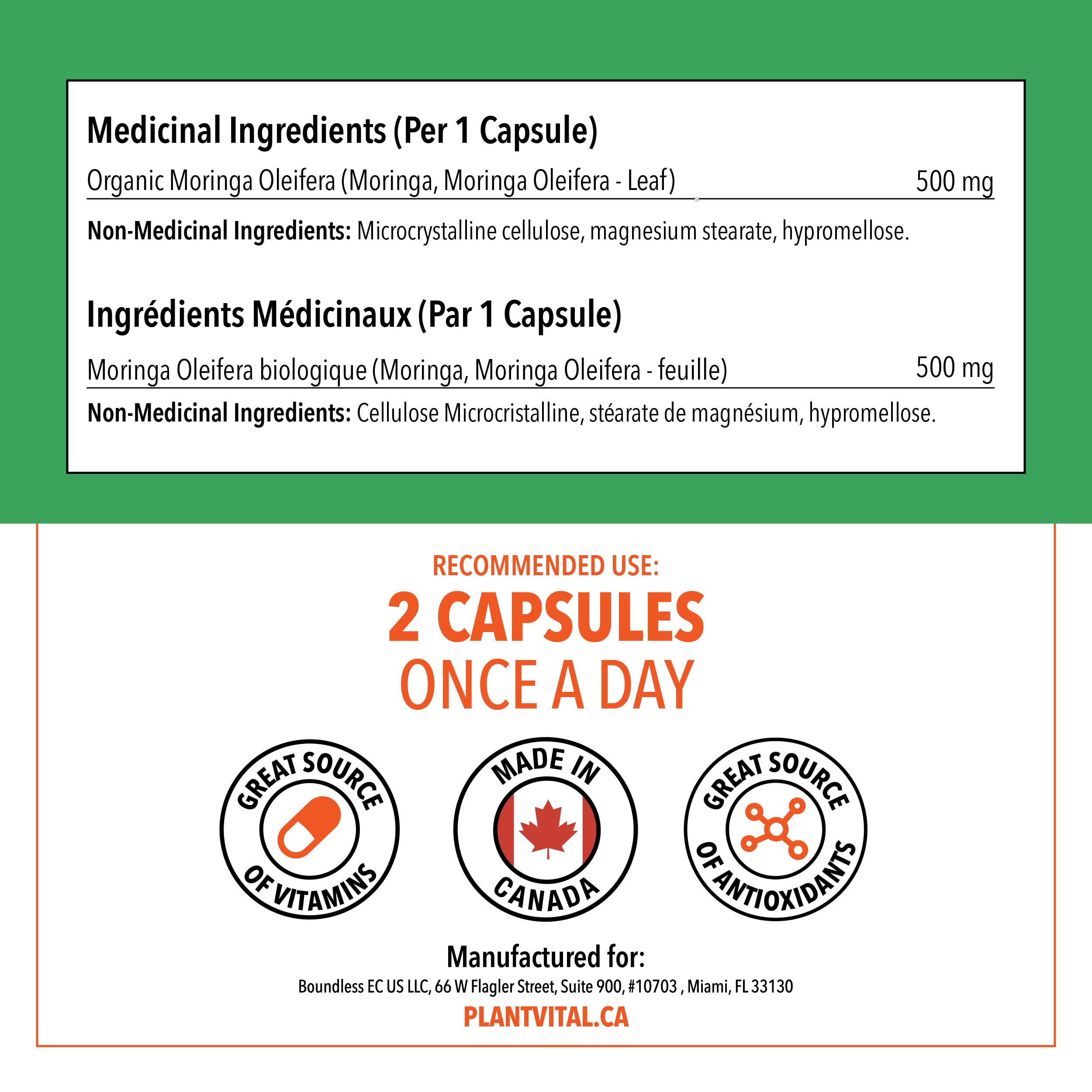 PlantVital Organic Moringa Leaf Capsules - Made in Canada - 1000mg High Potency (500mg per cap) Moringa Pure Capsules for Antioxidant, and Eye Health - Vegan, Non-GMO, Gluten Free (120 Count, 60 Days) 🍁 All In One Marketplace Canada