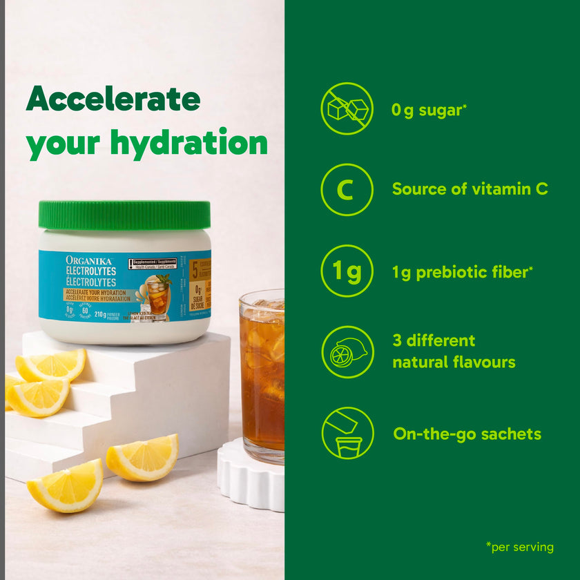 Organika Canadian-Made Electrolytes Powder with Vitamin C & Prebiotic Fibre - Sugar-Free Hydration Drink Mix - Lemon Iced Tea - 210 g - 60 servings 🍁 All In One Marketplace Canada
