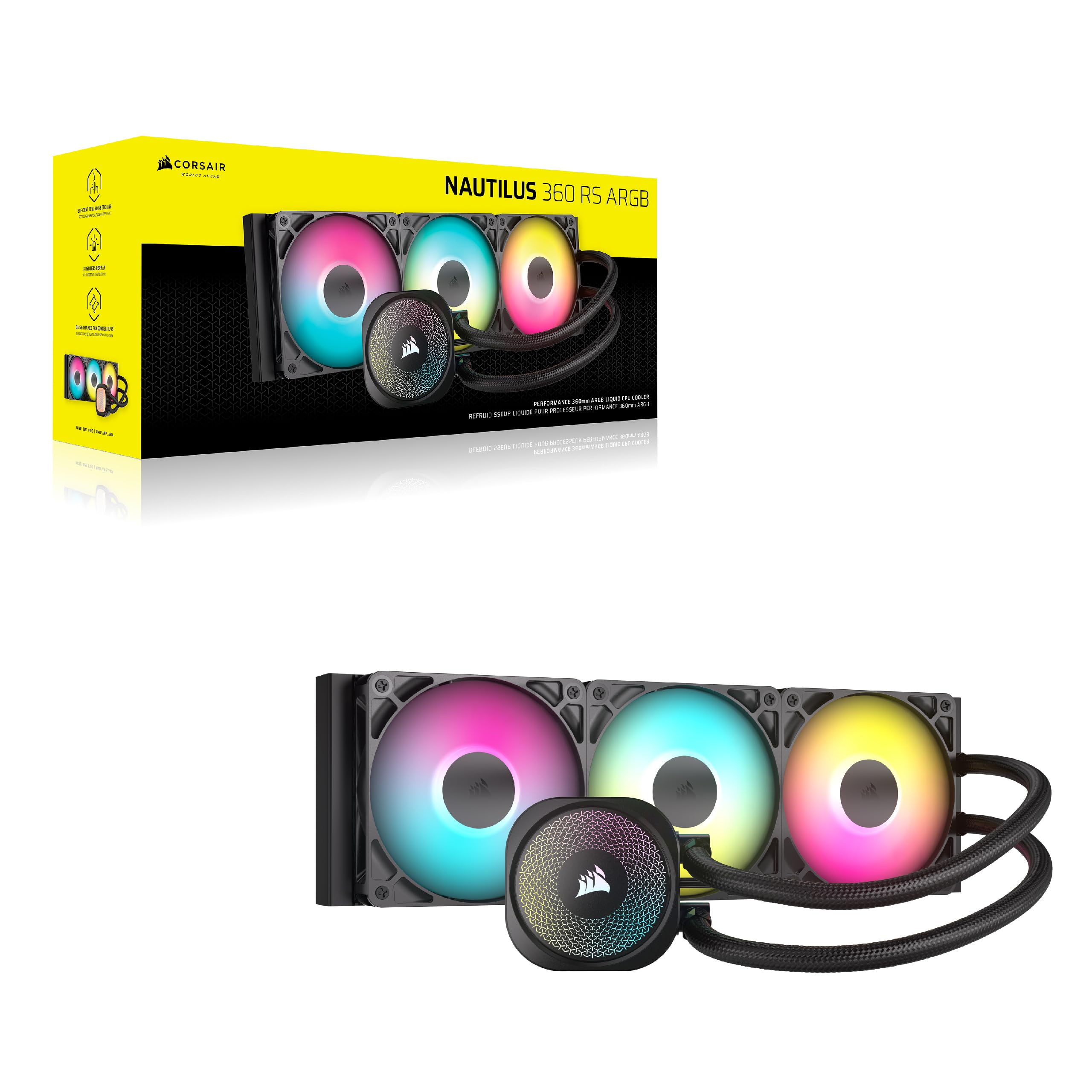 CORSAIR Nautilus 360 RS ARGB Liquid CPU Cooler – 360mm AIO – Low-Noise – Direct Motherboard Connection – Daisy-Chain – Intel LGA 1851/1700, AMD AM5/AM4 – 3X RS120 ARGB Fans Included – Black 🍁 All In One Marketplace Canada