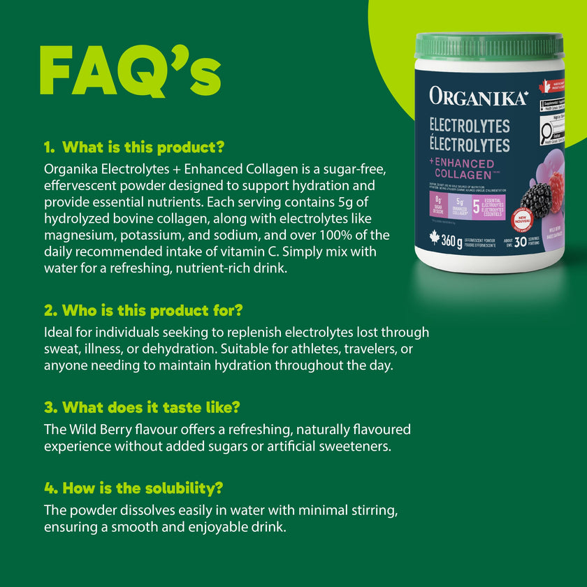 Organika Canadian-Made Electrolytes + Enhanced Collagen - Daily Hydration Powder with 5g of Collagen for Hair, Skin and Nails, 100% of Daily Vitamin C, Wildberry Flavour, 360 g, 30 Servings 🍁 All In One Marketplace Canada