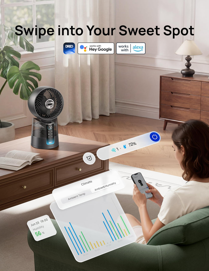 DREO TurboCool Misting Fan 516S, 150°+30°Omni-directional Oscillating Cooling Desk Fans that Blow Cold Air, 26 ft/s,Evaporative Air Cooler, 20dB, 6 Speeds 2 Modes, Remote & APP, RGB, Indoor, Grey 🍁 All In One Marketplace Canada