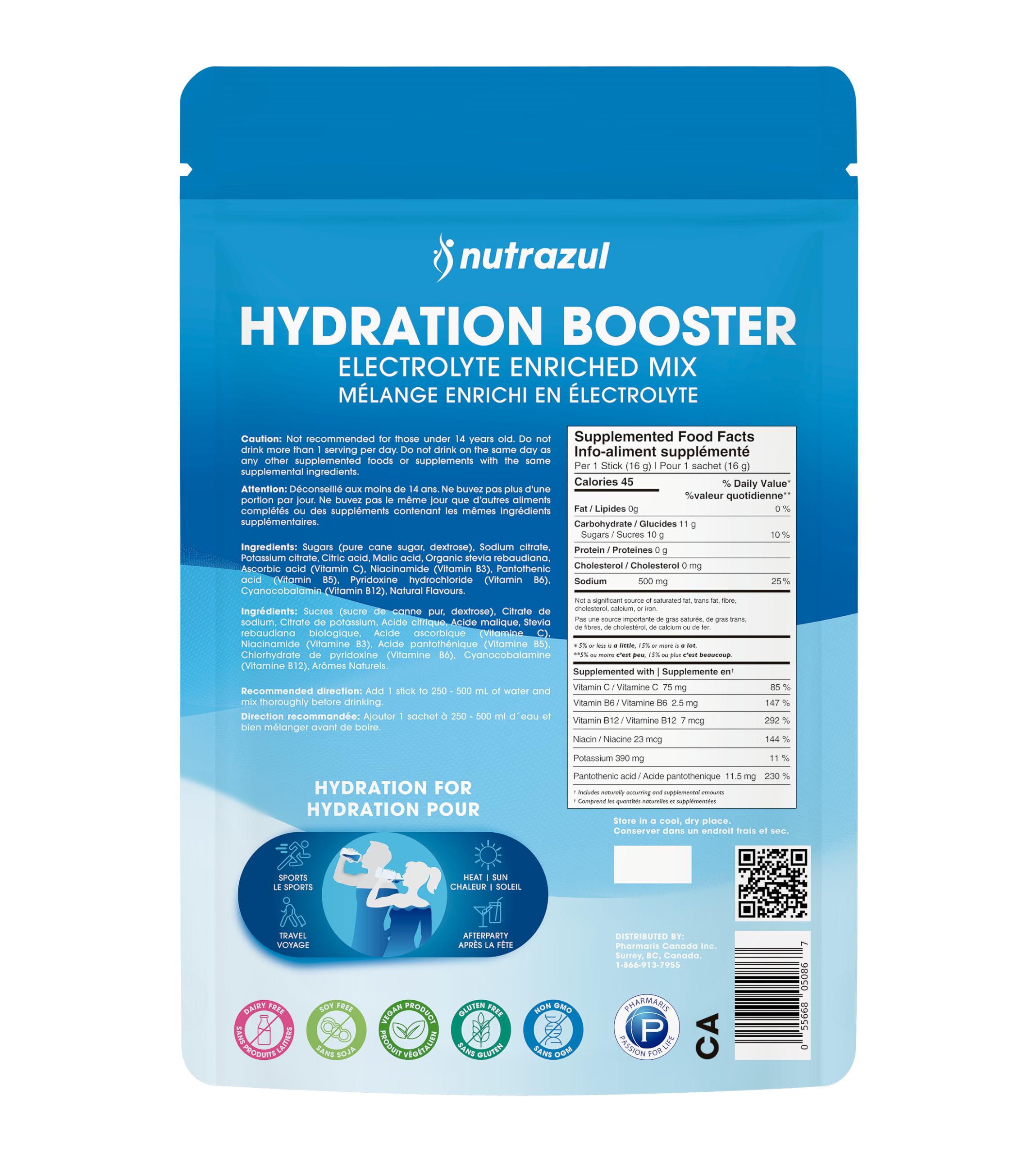 Nutrazul Hydration Booster, Electrolytes Powder Sticks with Sodium, Potassium, Vitamin B6 & B12, No Artificial Sweeteners, Acai Berry, Lemon Lime, Passion Fruit Flavour, 30 Sticks 🍁 All In One Marketplace Canada