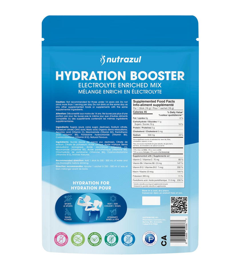 Nutrazul Hydration Booster, Electrolytes Powder Sticks with Sodium, Potassium, Vitamin B6 & B12, No Artificial Sweeteners, Acai Berry, Lemon Lime, Passion Fruit Flavour, 30 Sticks 🍁 All In One Marketplace Canada