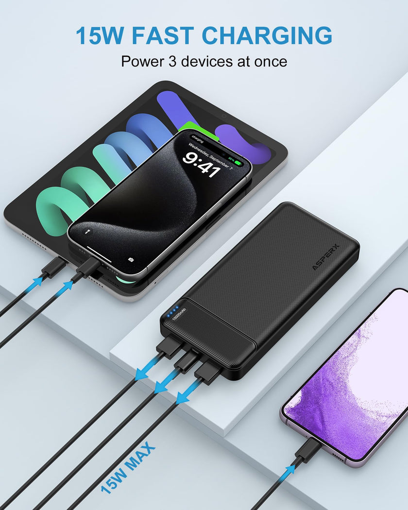 AsperX 2-Pack 15000mAh Portable Charger Power Bank 3A Fast Charging, USB C Output Portable Battery Bank External Battery Pack for iPhone 17/16/15/14/13, Galaxy, Google LG,Tablets and Heated Vest 🍁 All In One Marketplace Canada