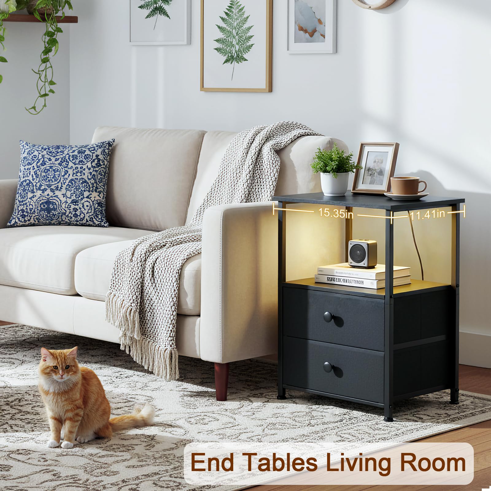 LOAKEKEL Night Stands Set 2, Bedside Table with Charging Station and LED Light, Nightstand with 2 AC Outlets and USB Ports, End Table with 2 Fabric Drawers for Bedroom, Living Room, Black, HETS02BK 🍁 All In One Marketplace Canada