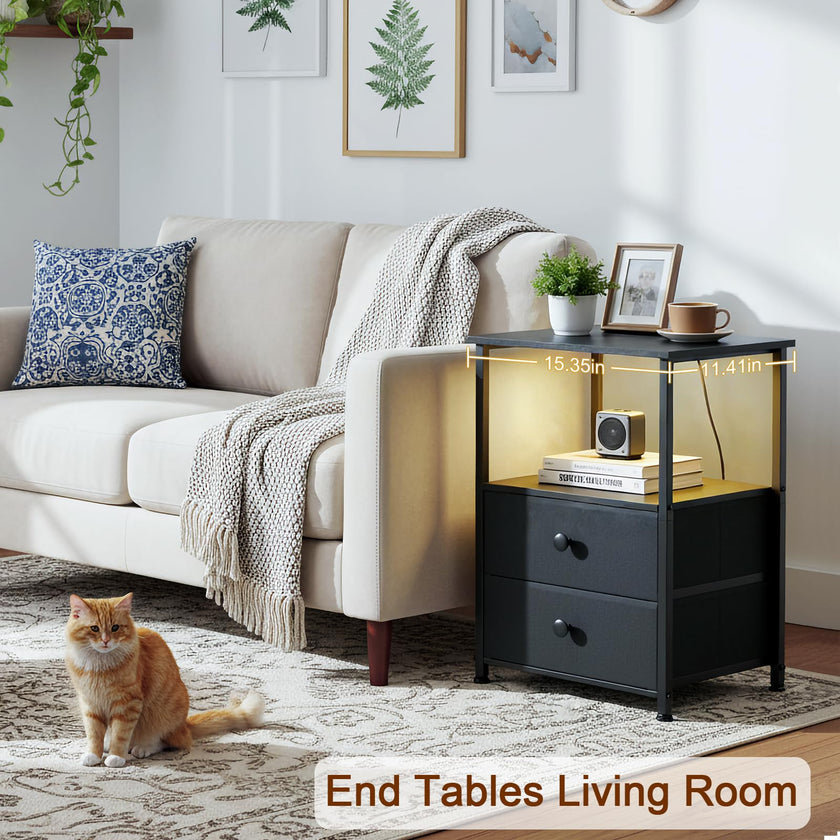 LOAKEKEL Night Stands Set 2, Bedside Table with Charging Station and LED Light, Nightstand with 2 AC Outlets and USB Ports, End Table with 2 Fabric Drawers for Bedroom, Living Room, Black, HETS02BK 🍁 All In One Marketplace Canada