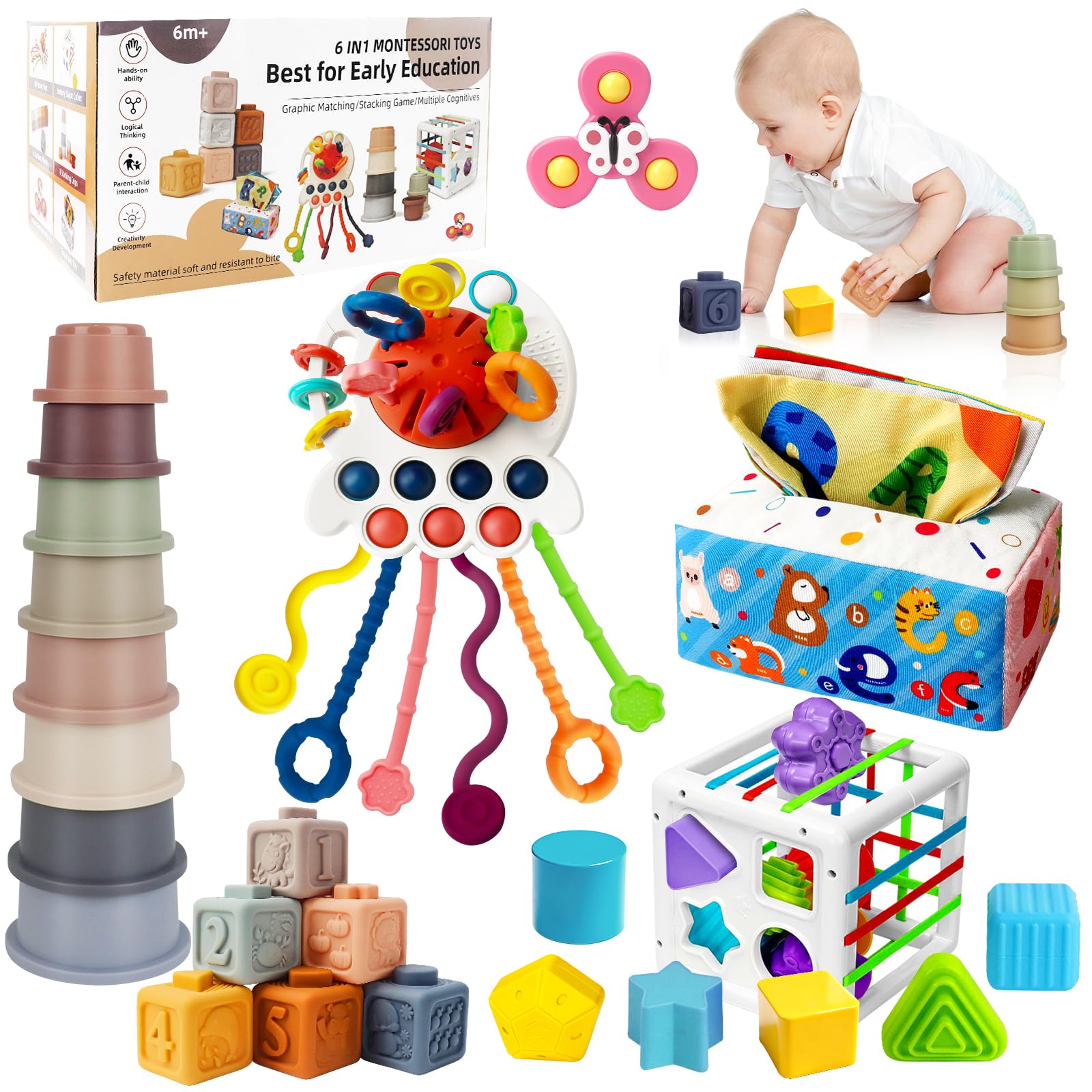 6 in 1 Baby Montessori Toys for 6-12 Months, Montessori Toys for Babies Incl Pull String Toy, Stacking Cups, Tissue Box Toy, Suction Cup Spinner Toys, Stacking Blocks, Activity Cube Gift for Boy Girl 🍁 All In One Marketplace Canada