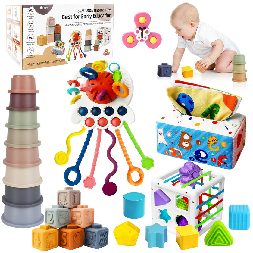 6 in 1 Baby Montessori Toys for 6-12 Months, Montessori Toys for Babies Incl Pull String Toy, Stacking Cups, Tissue Box Toy, Suction Cup Spinner Toys, Stacking Blocks, Activity Cube Gift for Boy Girl 🍁 All In One Marketplace Canada