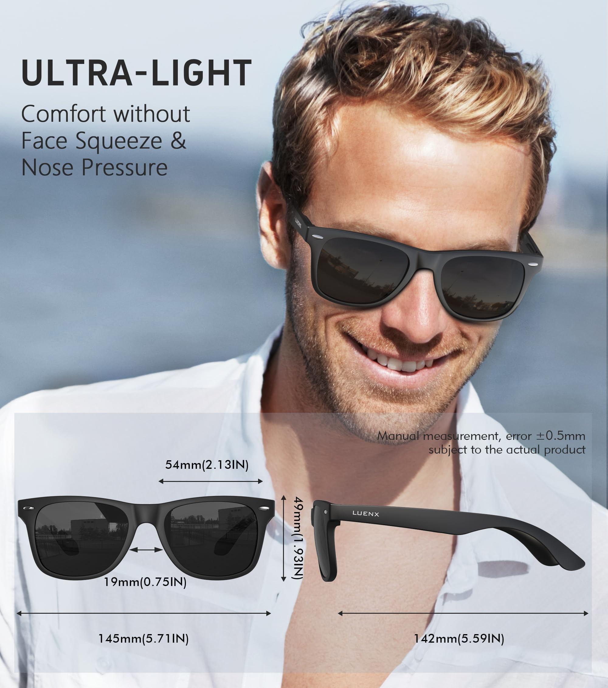 LUENX Polarized Sunglasses for Men Women UV400 Protection Non-mirrored Black Lens Matte Black Square Frame 54MM 🍁 All In One Marketplace Canada