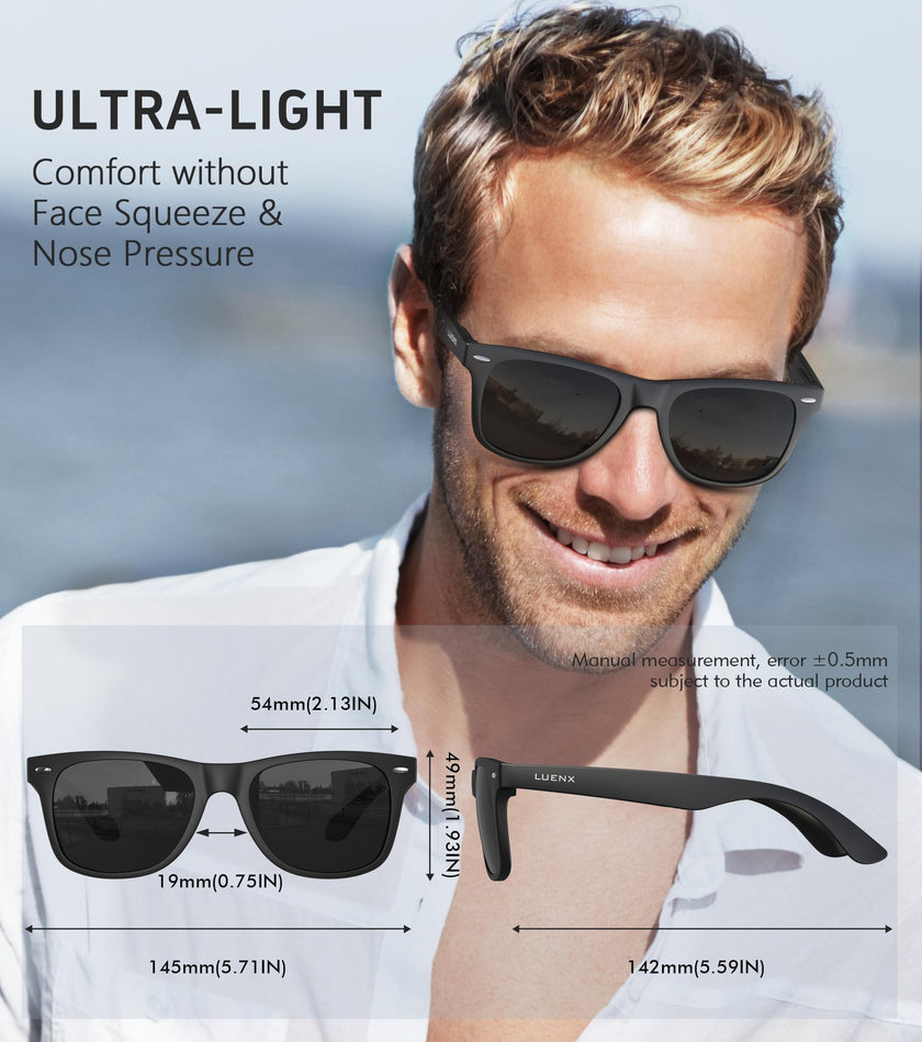 LUENX Polarized Sunglasses for Men Women UV400 Protection Non-mirrored Black Lens Matte Black Square Frame 54MM 🍁 All In One Marketplace Canada