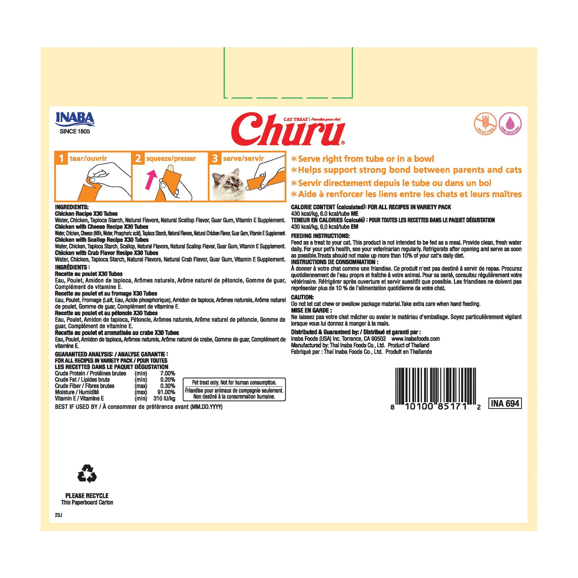INABA Churu Cat Treats, Lickable, Squeezable Creamy Purée with Vitamin E, 14 Grams per Tube, 120 Tubes Total, Chicken Variety 🍁 All In One Marketplace Canada