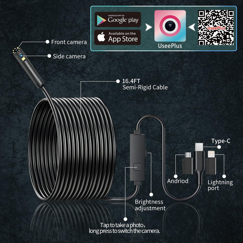 Dual Lens Endoscope Camera with Light, DPduct 1920P HD Borescope Inspection with 8+1 Lights, 7.9mm IP67 Waterproof 16.4ft Semi-Rigid Cable Snake Camera for Android and iOS,iPhone,iPad 🍁 All In One Marketplace Canada