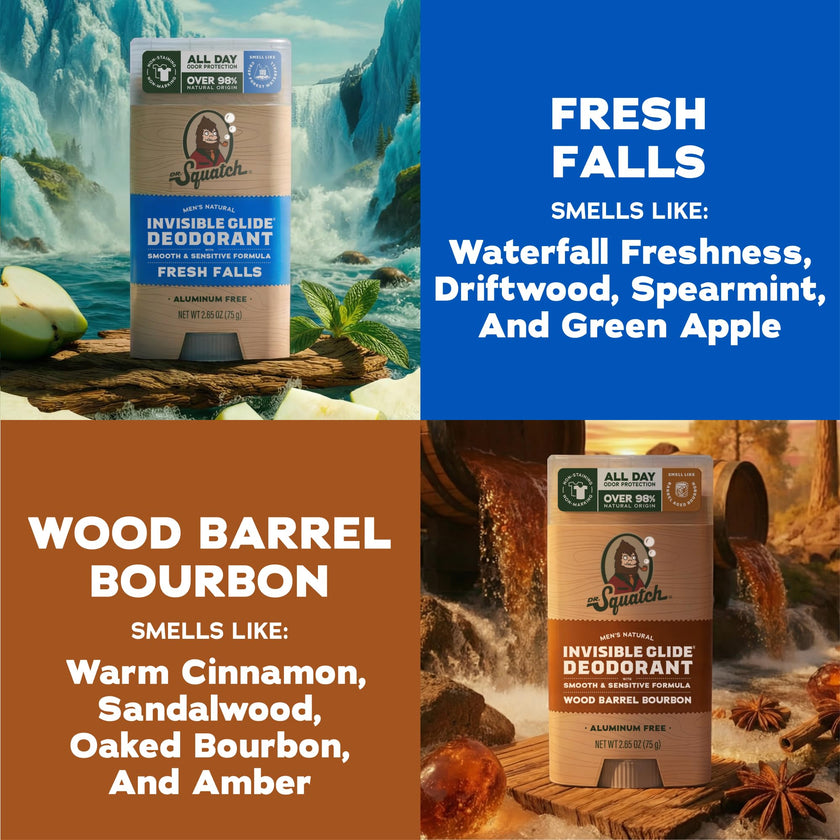 Dr. Squatch Invisible Glide Natural Deodorant – Smooth Glide with No Stains – Aluminum Free & Dermatologist-Tested Formula Suits Sensitive Skin – Fresh Falls + Wood Barrel Bourbon – 2.65oz (2-Pack) 🍁 All In One Marketplace Canada